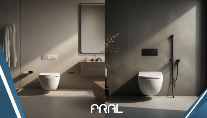 مقایسه شیر توالت توکار و روکار در سرویس بهداشتی مدرن با نمایش تفاوت طراحی، نصب و ظاهر